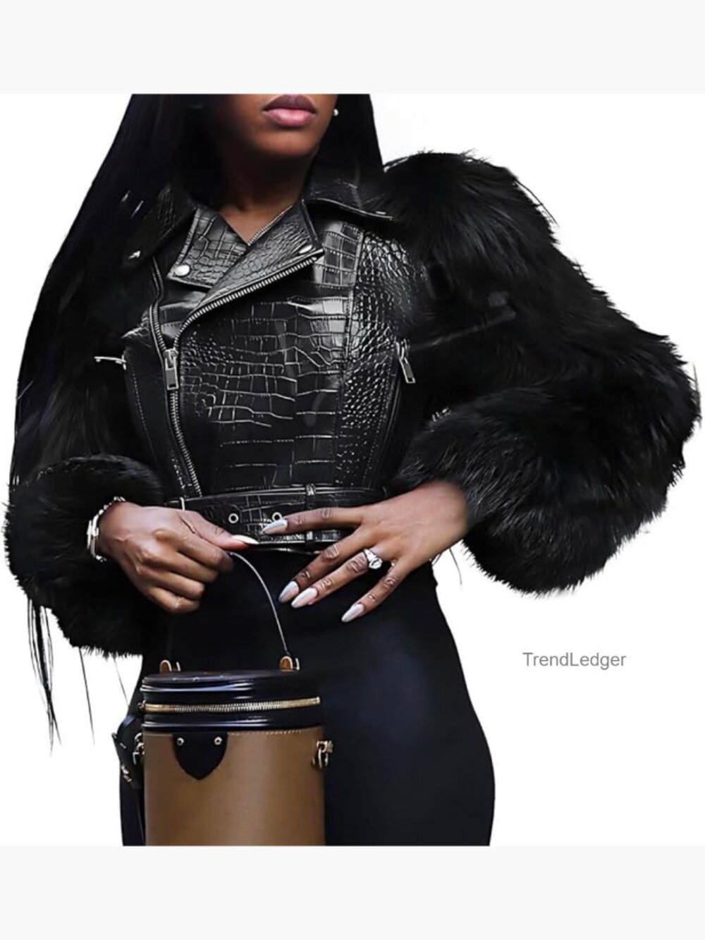 Cropped Faux Leather Moto Jacket with Faux Fur Sleeves Belted